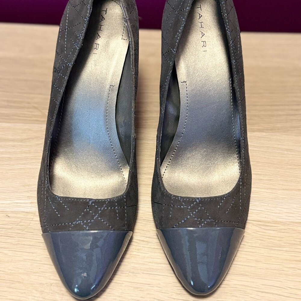 Tahari Ryanna Quilted Cap Toe Heels – Black Suede/Patent 10